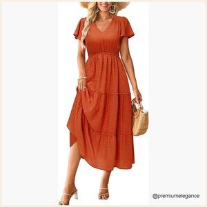 Boho Maxi Dress with Flutter Sleeves, V-Neck, Elastic Waist for Beach Wedding